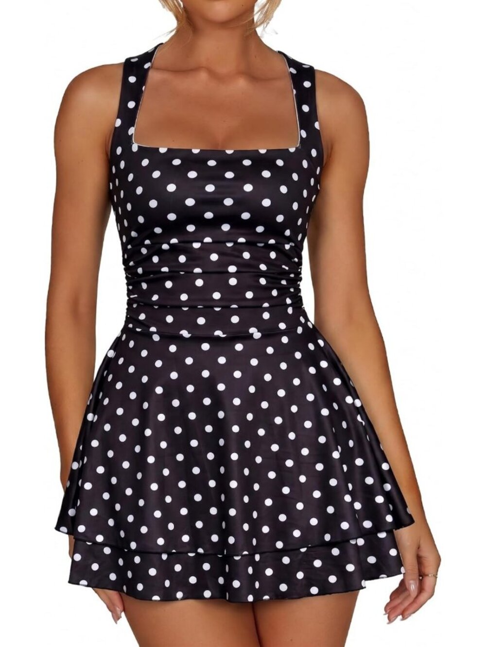 Chic Square Neck Ruffle Hem Mini Dress | Corset Ruched Waist Cute Party Dress